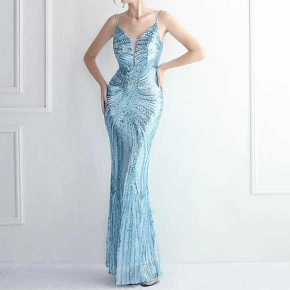 Blue, Geo Print, Sleeveless, Beaded Draped Back, V Neck, Sequined Merma… - Picture 4 of 16